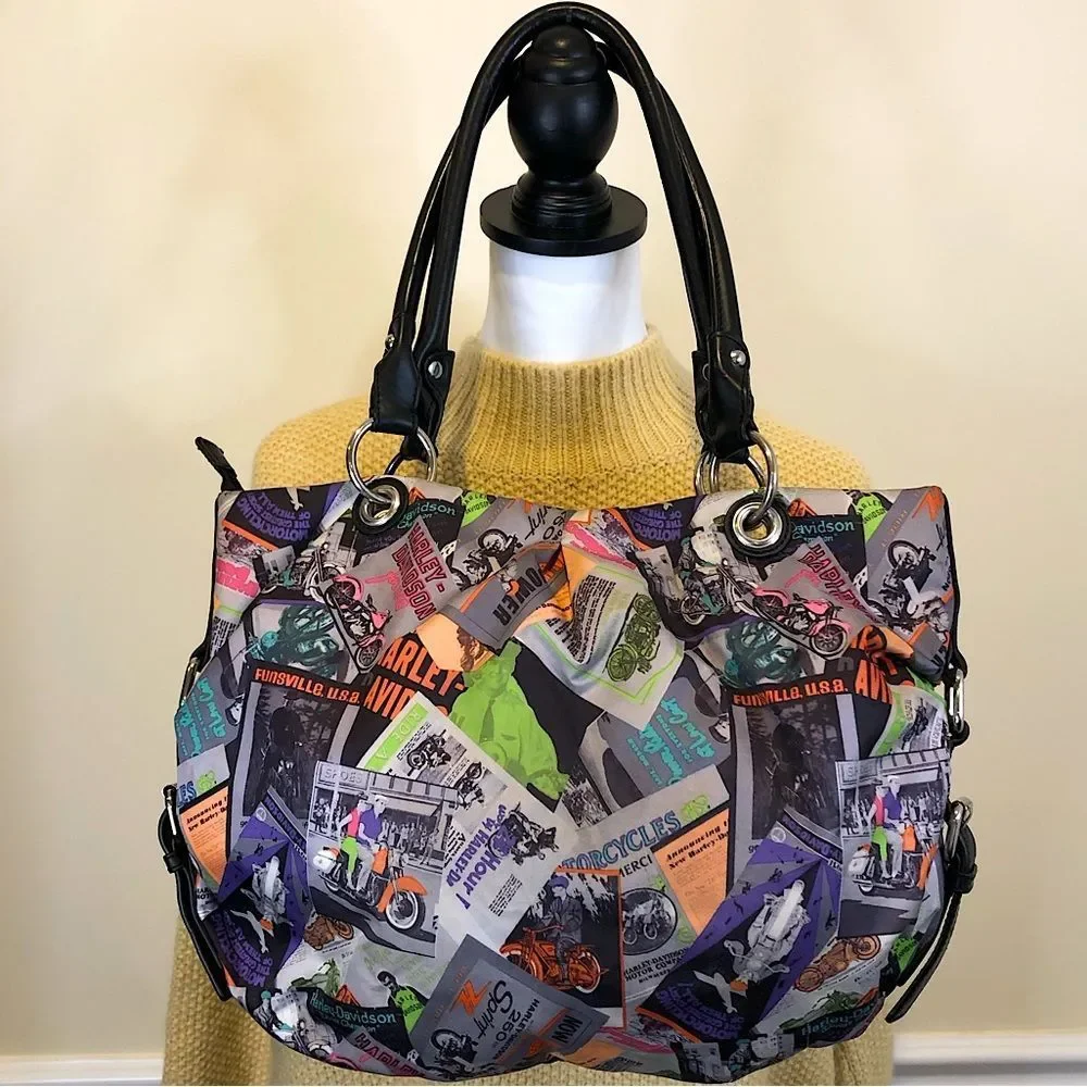 HARLEY Davidson Multicolor Black Leather Top Handle Satchel Motorcycle Graphics